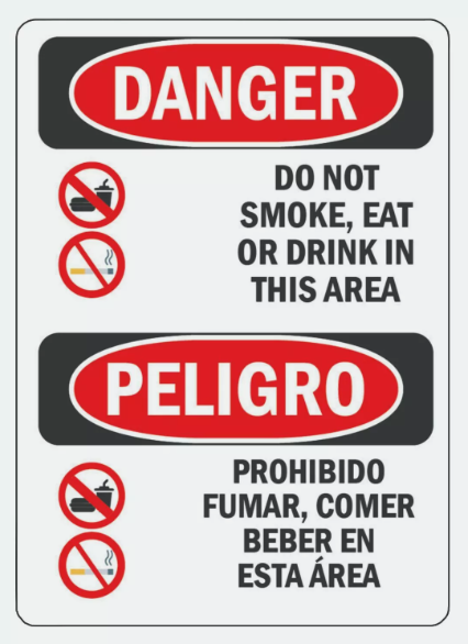 Do Not Smoke, Eat or Drink In This Area Sign Decal Sticker English and Spanish