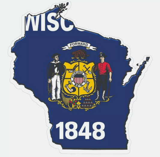 Wisconsin State Map Outline with Flag Sticker, Decal, Vacation Sticker